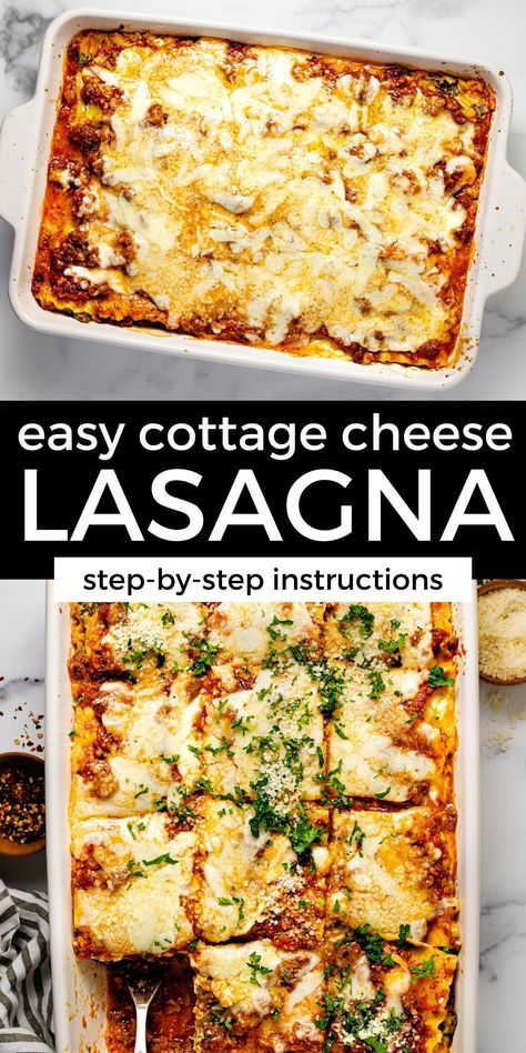 This quick and easy cottage cheese lasagna is the definition of classic comfort food! It can be made up to 5 days in advance so you can prep it whenever you have time and enjoy a hearty, homecooked meal when it's convenient for you! Cottage Cheese Lasagna Recipe, Lasagna Recipe With Cottage Cheese, Cottage Cheese Lasagna, Recipe With Cottage Cheese, Cheese Lasagna Recipe, Lasagna With Cottage Cheese, Homemade Lasagna Recipes, Healthy Lasagna, Queso Cottage