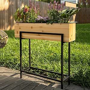 Raised Standing Planter with Legs, Metal and Wood Elevated Planter Box, 33"x35.5"x7", Indoor Outdoor, Perfect Rectangle Planter for Outdoor Plants, Patio, Balcony, Living Room, Front Porch Planter Planter Stands Outdoor, Front Porch Planter, Standing Planter, Porch Planter, Elevated Planter, Front Porch Planters, Elevated Planter Box, Balcony Living Room, Rectangle Planters