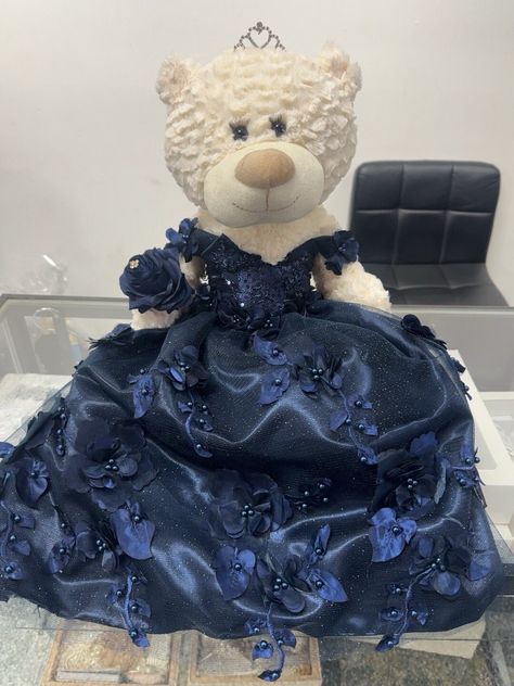 "Quinceañera/Sweet 16  teddybear in a handmade Navy blue dress. \"Mis XV años or Sweet 16\" engraved on teddies foot.  This is a made to order product.  Can be made in any other color upon request." Quincenera Blue Dress, Navy Blue Xv Theme, Navy Blue Masquerade Quince, Navy Blue Theme Quinceanera, Quince Dress Dark Blue, Quince Midnight Blue, Quince Decorations Navy Blue, Coraline Quinceanera Theme, Navy Quinceanera Theme