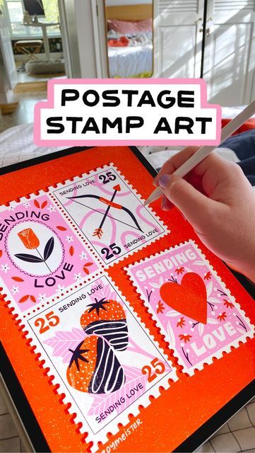 Megan Roy on Instagram: "A look at the illustration process for my “Sending Love” postage stamp art, drawn in Procreate on an iPad Pro. 💕" Postage Stamp Illustration, Stamp Card Design, Stamp Illustration, Stamp Drawing, Valentine Stamps, Illustration Process, Postage Stamp Design, Stamp Card, Post Stamps