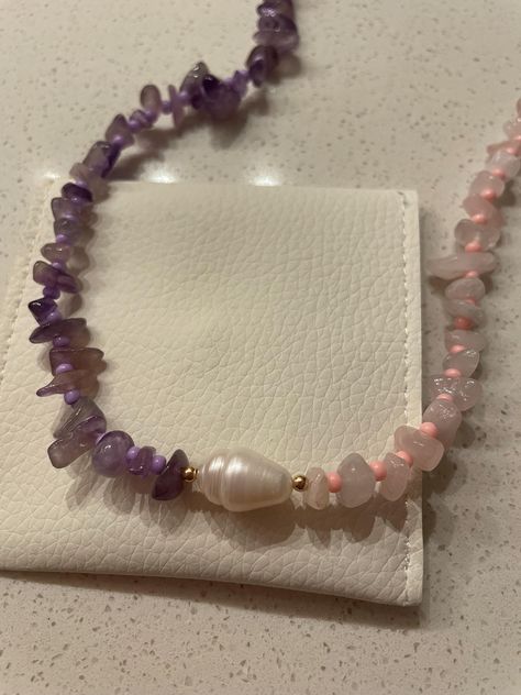 Beautiful hand made half rose quartz and half amethyst necklace  Rondel and chip stone beads with glass spacer beads and a freshwater pearl Rose Quartz Necklace Beads, Half Necklace, Necklace Beads, Rose Quartz Necklace, Half And Half, Amethyst Necklace, Quartz Necklace, Beautiful Hand, Spacer Beads