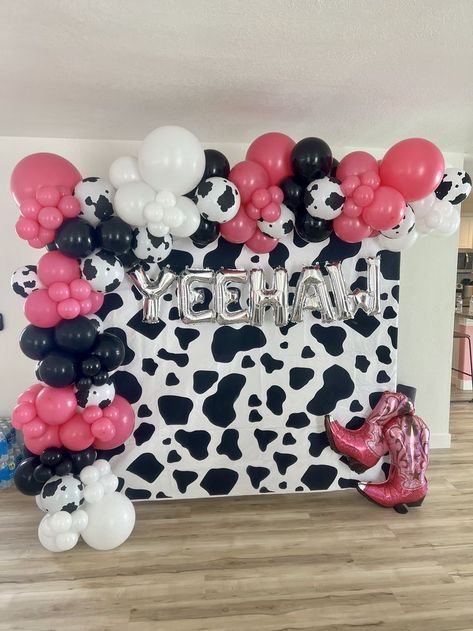 Cowgirl Birthday Party 25, Pink Cowgirl Party Backdrop, Cowgirl Birthday Backdrop Ideas, Pink Cow Print Theme Party, Cow Print Photo Backdrop, Cowgirl Backdrop Western Theme, Last Rodeo 30th Birthday, Rodeo Party 21, Cow 18th Birthday