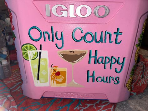 Girl Cooler Painting, Sorority Coolers Painted, Easy Cooler Painting Ideas, Sorority Cooler Ideas, Girly Painted Cooler, Cooler Painting Ideas For Girls Summer, College Cooler Painting, Painted Coolers For Girls Ideas, Cooler Painting Ideas