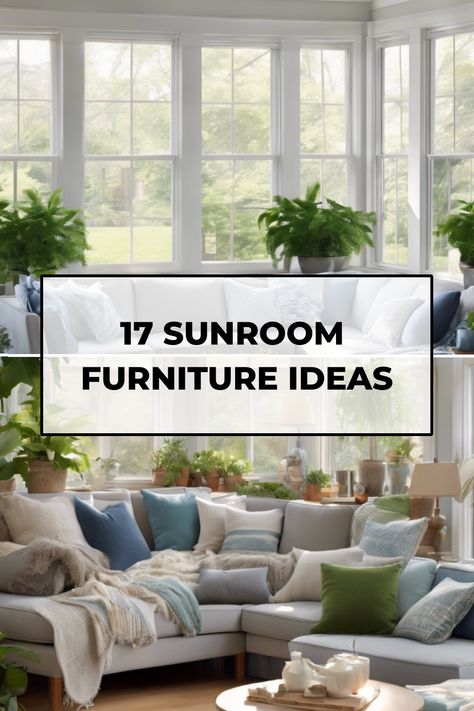 17 sunroom furniture ideas displayed in a bright sunroom with large windows and lush greenery. 4 Season Porch Furniture Ideas, Sunroom Breakfast Area, Modern Farmhouse Sunroom Ideas, Closed In Sunroom Ideas, Sun Room Furniture, Coastal Sunroom Ideas, Three Season Room Decor, Small Sunroom Ideas On A Budget, Sunroom Ideas Small