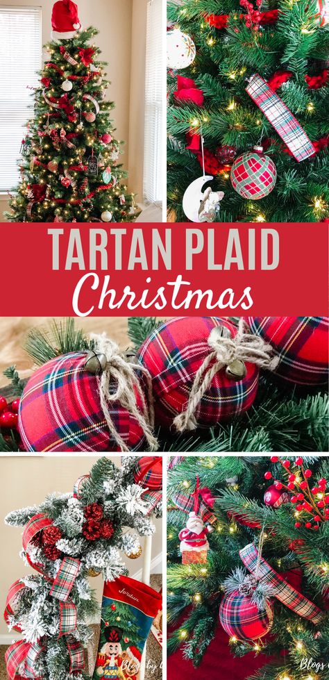 Scottish Plaid Christmas Tree, Flannel Christmas Tree Ideas, Tartan Plaid Christmas Trees, Red Plaid Christmas Trees, Red Tartan Plaid Christmas Tree, Christmas Tree Tartan Ribbon, Red Green Plaid Christmas Decor, Christmas Trees With Plaid Ribbon, Diy Plaid Christmas Ornaments