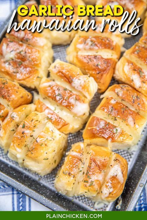 Garlic Bread Hawaiian Rolls - Plain Chicken Hawaiian Rolls Recipe, 7up Biscuits, Dumplin Recipe, Stephanie Parker, Hawaiian Bread Rolls, Sweet Hawaiian Rolls, French Eggs, Cream Cheese Sausage Balls, Slow Cooker Casserole