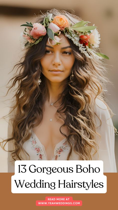 A stunning bride with loose, wavy hair styled in a boho chic look, adorned with delicate floral accessories, perfect for a bohemian-inspired wedding. Boho Wedding Hair Flowers Crowns, Boho Bride Hairstyles, Boho Wedding Hair Flowers, Boho Beach Bride, Bride Wreath, Boho Wedding Hairstyles, Romantic Braid, Chic Ponytail, Bohemian Wedding Hair