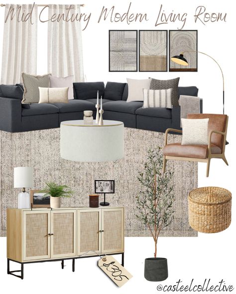 Get inspired with this collection of furniture and decor that create a mid century look. Added bonus three places for hidden storage! Living Room Gray Sectional Decor, Modern Farmhouse Living Room Grey Couch, Rug Under Sectional Sofa, Charcoal Gray Couch Living Room, Living Room With Grey Couch, Bestie Apartment, Navy Couch, Grey Living Room Ideas, Living Room Inspiration Board