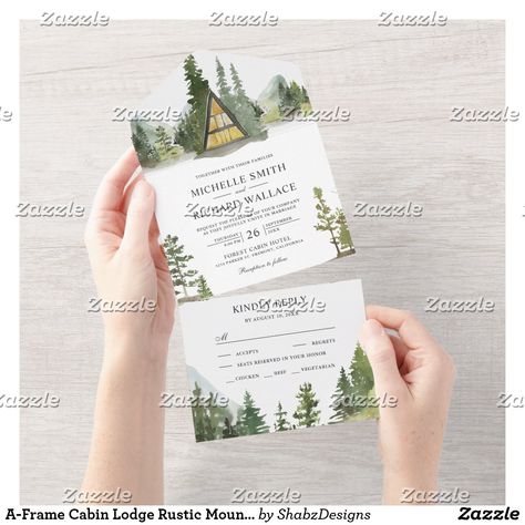 A-Frame Cabin Lodge Rustic Mountain Forest Wedding All In One Invitation Cabin Wedding Invitations, Cabin Mountain, Evergreen Wedding, Barnyard Wedding, Wedding Invitation Templates Rustic, Forest Lodge, Rustic Log Cabin, Rsvp Wedding, Cabin Wedding