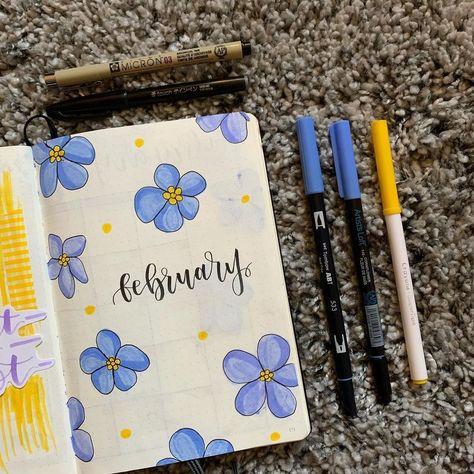 Journal Month Page February, Month Journal Ideas February, Journal Ideas Calendar Layout, Bullet Journal Month Cover February, February Journal Page, New Year Diary Ideas, February Planner Ideas, February Journal Cover, Journal Ideas February