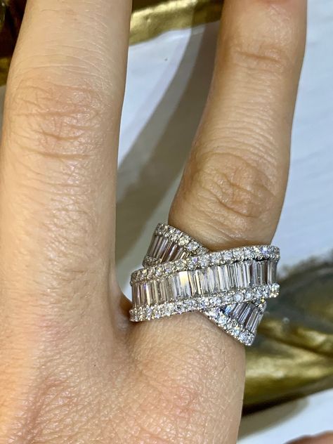 Metal: 14kt White Gold  Stone: Diamond                                                                                                                                                                                                                                                                                                                                          Stone Shape: Round And Straight Baguette                                                                                                                                          Round Diamond Weight: 1.49 ctw Straight Baguette  Diamond Weight: 2.29 ctw Weight of entire piece with stones: 9.31 grams Ring Size: 6 1/2  Width Of Band: 17.00 mm Baguette Cut Ring, Baguette Diamond Necklace, Baguette Diamond Band, Rings Solitaire, Body Decor, Baguette Diamond Rings, Diamond Jewelry Necklace, Wedding Rings Solitaire, Diamond Jewel