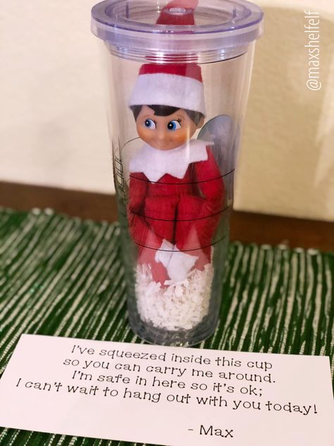 Safe in the cup! ❤️ Max the Elf Elf On The Shelf In Container To Carry, Elf On The Shelf Allowed To Touch, Elf Eating Candy, Elf On The Shelf In A Jar To Carry, Elf Carrying Case, Elf On The Shelf Take Me With You Jar, Elf On The Shelf Jar To Carry Around, Elf On The Shelf Carrier Ideas, Diy Elf On The Shelf Carrier