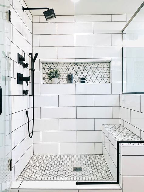 Custom tile shower with a channel niche and built-in bench… Small Bathroom Tile Shower Walk In, Long Shower Niche Ideas, Shower With Shelf In Wall, Shower Tile Bench, Shower Pocket Shelf, Showers With Built In Benches, Walk In Shower With Niche, Shower With Niche Ideas, Tile Shower With Seat