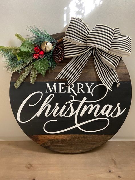 Christmas Sign Front Door, Christmas Round Door Hangers Wooden, Wooden Door Signs Christmas, Front Door Christmas Signs, Christmas Wreath For Black Front Door, Round Christmas Door Hangers, Holiday Wreaths For Front Door, Christmas Black Wreath, Christmas Rounds Signs