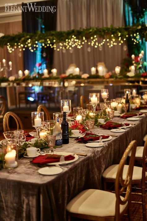 Red and Green Wedding Theme, Candlelit Wedding Table Setting, Wedding Candle Ideas, Christmas Wedding Ideas #fallweddings #greenery Cool Winter Wedding Ideas, Red And Green Wedding Table Decor, Red And Green Wedding Theme Receptions, Red Gold And Green Wedding, Red Green Wedding Theme, Red And Green Winter Wedding, Red Green Gold Wedding, Romantic Christmas Wedding, Red And Green Wedding Decor