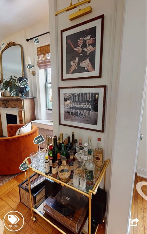 Bar Cart Unique, Bar Area In Apartment, 20s Apartment Decor, Newstalgia Interior Design, Bar In Apartment, Bar Cart Gallery Wall, Italian Apartment Decor, Neutral Maximalism, Living Room Bar Cart