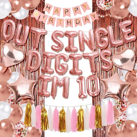 PRICES MAY VARY. Celebrate the big milestone of turning 10 with our lively 'Out Single Digits I'm 10' balloons – perfect for adding a burst of excitement to any 10th birthday party for girls! Make the transition to double digits unforgettable with our fun and colorful double digits birthday girl decorations, featuring bold 'Out Single Digits I'm 10' lettering that makes a statement. Create lasting memories with our peace out single digits im 10 party decorations, ideal for decorating party space