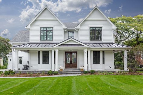 Beautiful white modern farmhouse with black windows and metal roof and front porch Farmhouse With Black Windows, Black Metal Roof, Metal Roof Houses, White Modern Farmhouse, Farmhouse Patio, Porch Addition, Roof Styles, Black Windows, House With Porch