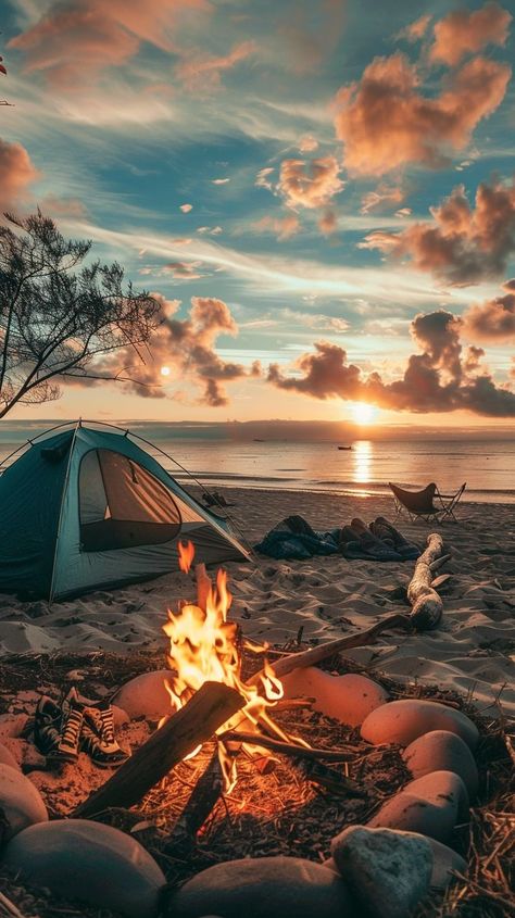 Summer Bucket list *beach camping* Camping Night Photography, Campfire On Beach, Beach Camping Aesthetic, Beach Camping Photography, Summer Bucket List Aesthetic, Camping Background, Cozy Pics, Prop Modeling, Camping Sunset