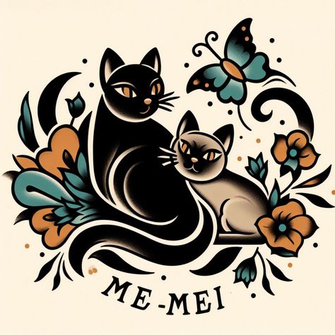 Created by Bing AI: "Traditional tattoo style. The image is two cats. One cat is solid black. The slightly smaller cat is Siamese. The cats are content, curled up together and snuggling on a mound of flowers. The cats are watching a butterfly. The stylized butterfly is teal, orange, and yellow. The name "Mei-Mei" is written below." Siamese Cat Tattoo, Siamese Cat Tattoos, Stylized Butterfly, Americana Tattoo, Traditional Tattoo Designs, Mei Mei, Cat Svg, Two Cats, Tattoo Flash Art