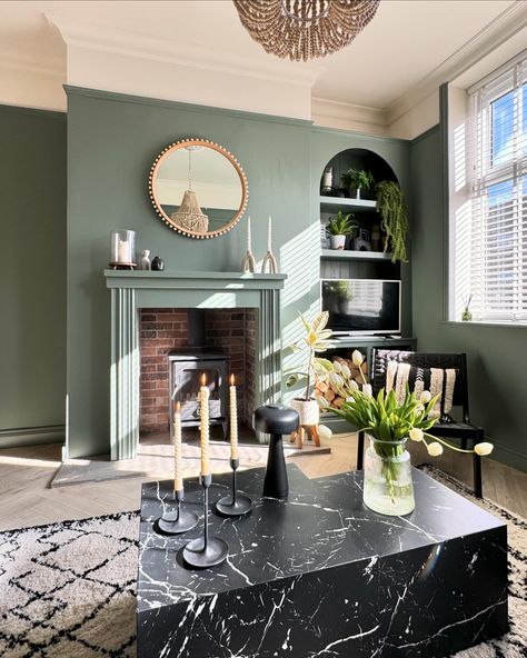 Green Wall Fireplace, Green Wall White Fireplace, Fireplace Green Wall, Green Living Room With Fireplace, Room Decor Green Walls, Living Room Decor Green Walls, Living Room Alcove, Period Living Room, Living Room Decor Green