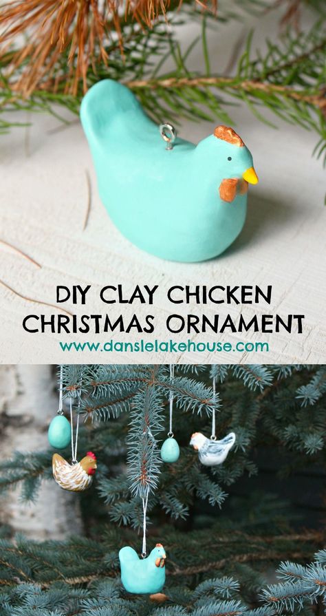 DIY Clay Chicken Christmas Ornament Salt Dough Chicken Ornaments, Cute Easy Ornaments To Make, Christmas Ornament Handmade, Clay Chicken Ornaments, Chicken Christmas Ornaments Diy, Christmas Ornaments Ceramic Ideas, Chicken Gifts Diy, Sculpey Ornaments Diy, Chicken Feather Ornaments