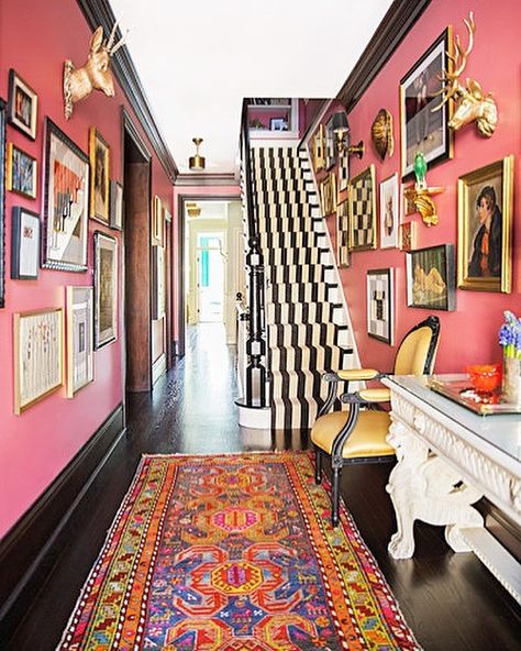 Kitty Jarvis on Instagram: “Colorful foyer by Summer Thornton 🦩🖤 📸 Brittany Ambridge” Wes Anderson Decor, La Bedroom, Moody Maximalist, Bedroom Redecorating, Dark Oak Flooring, Revere Pewter, 카페 인테리어 디자인, Versace Home, Hus Inspiration