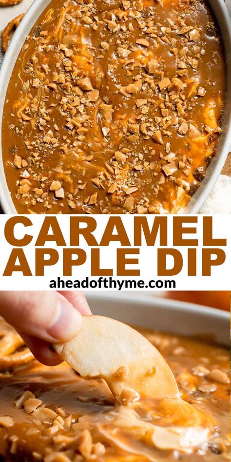 This Caramel Apple Dip is a sweet and delicious fall dessert dip made in just minutes using 4 simple ingredients. The whipped cream cheese and caramel base layer is topped with even more caramel sauce and crunchy toffee bits. It has all the flavors of your favorite caramel apples but in dip form! Every bite has a crisp crunch and a mouthwatering pop of caramel flavor. So good! | aheadofthyme.com #caramelappledip #appledip #carameldip via @aheadofthyme Carmel Heath Apple Dip, Cream Cheese Toffee Dip, Cream Cheese Taffy Apple Dip, Cream Cheese And Caramel Apple Dip, Caramel Cream Cheese Apple Dip, Carmel Apple Dip Recipes, Apple Caramel Dip, Caramel Dip For Apples, Apple Toffee Dip