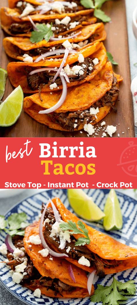 Tacos Birria Crockpot, Birria Tacos In Crockpot, Crockpot Beef Birria Tacos, Slow Cook Birria Tacos, Beef Birria Tacos Recipe Crockpot, Birria Tacos Crock Pot, Best Mexican Tacos, Shredded Beef Tacos Stove Top, Stove Top Birria Tacos