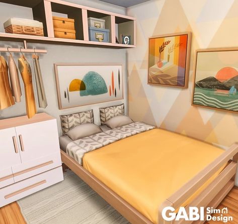 a modern bedroom in yellow colors. No CC 1 Sims 4 Cc Yellow Furniture, Sims 4 Cc Parents Bedroom, Sims 4 Parents Bedroom No Cc, Sims 4 Yellow Cc, Sims 4 Small Bedroom, Bedroom Sims 4 Ideas, Yellow Toddler Room, Sims 4 Interior Design Ideas No Cc, Sims 4 Bedroom No Cc