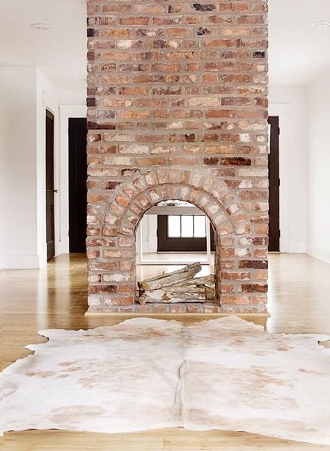 Double Sided Brick Fireplace . Brick Farmhouse, Two Sided Fireplace, Double Sided Fireplace, Home Fireplace, White Brick, Brick Fireplace, Fireplace Design, Exposed Brick, Style At Home