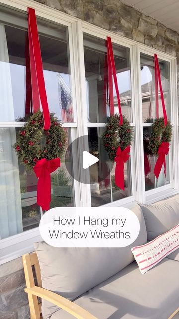 Kati Nairn | Beyond Gray on Instagram: "Comment WINDOW WREATHS for links to these wreaths and bows. I adore a holiday home that is decked out with window wreaths! I know this method won’t work for every home, but since I get asked so often about how I do this, I wanted to share. 🫶🏻" Wreath Outdoor Windows, Holiday Window Wreaths, How To Hang Wreath On Outdoor Window, Christmas Wreaths For Windows Outdoors, Christmas Breezeway Decor, Wreath Hanging From Ribbon In Window, Christmas Wreaths In Windows Outside, Exterior Window Decor Ideas, Hanging Christmas Wreaths On Windows