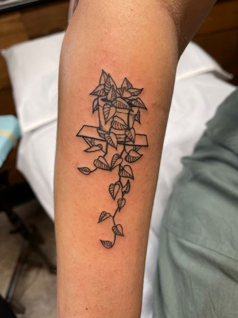 Plant Life Tattoo, Plant Aesthetic Tattoo, Hanging Flower Basket Tattoo, Plant Friend Tattoo, Small Pothos Tattoo, Pothos Leaves Tattoo, Cute Plant Tattoo Ideas, Tattoos Of Plants, Pothos Leaf Tattoo