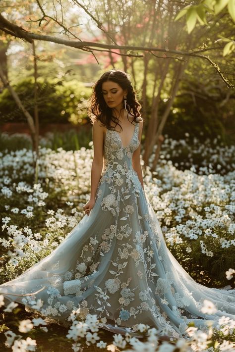 Beach Wedding Dress Colorful, Blue Skirt Wedding Dress, Vintage Blue Wedding Dress, Blue Wedding Dress Aesthetic, Light Blue Wedding Dress The Bride, Blue Floral Wedding Dress, Pastel Blue Wedding Dress, Blue Beach Wedding Dress, Wedding Dresses With Blue