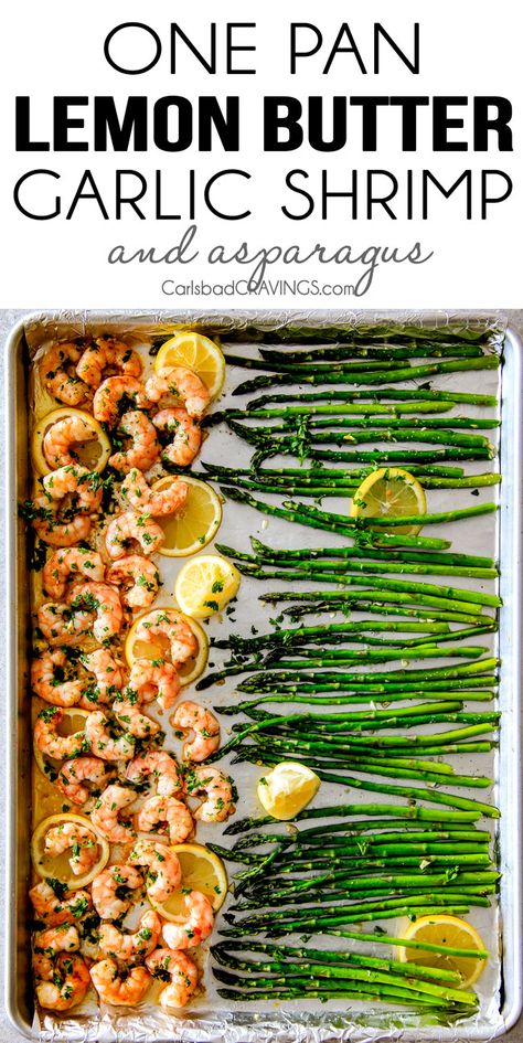 One Pan Roasted Lemon Butter Garlic Shrimp and Asparagus bursting with flavor and on your table in 15 MINUTES! No joke! The easiest, most satisfying meal that tastes totally gourmet! Garlic Shrimp And Asparagus, Butter Garlic Shrimp, Lemon Garlic Butter Shrimp, Sheet Pan Dinners Recipes, Carlsbad Cravings, Garlic Butter Shrimp, Shrimp And Asparagus, Pan Recipes, God Mat