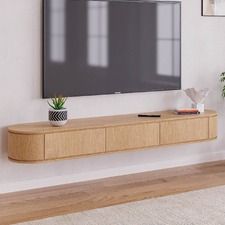 TV Units & Entertainment Units | Temple & Webster Floating Pooja Unit, Curved Tv Unit Design, Wall Hung Tv Unit, Tv Bench Ideas, Minimal Tv Unit Design, Curved Tv Unit, Wall Mount Tv Unit, Tv Unit Wall Mounted, Rustic Tv Wall