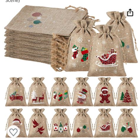 Christmas Drawstring Bags, Linen Gifts, Christmas Fairytale, Gift Bags Christmas, Christmas Candy Bag, Christmas Burlap, Burlap Gift Bags, Small Christmas Gifts, Candy Wrapper