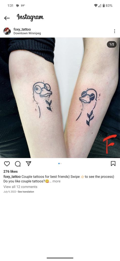 Goose Matching Tattoos, Matching Father Daughter Tattoos Funny, Frog And Duck Matching Tattoos, Matching Duck Tattoos For Best Friends, Fun Bestie Tattoos, Weird Sister Tattoos, Slightly Matching Tattoos, Opposite Couple Tattoos, Silly Goose Tattoo Matching