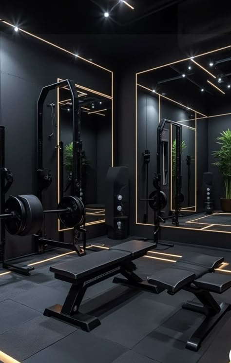 Garage Gym Black Walls, Gym Design Interior Modern, Black Gym Interior, Black Home Gym, Boutique Gym Design, Gym Setup Ideas, Interior Design Gym, Fitness Club Design, Patio Gym