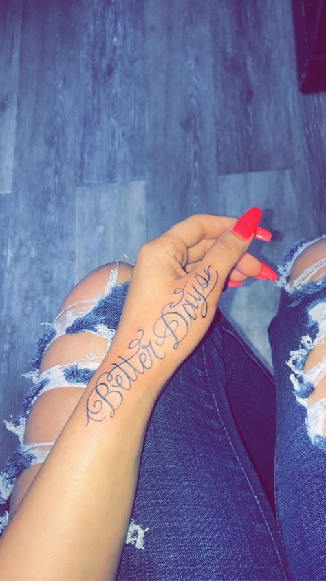 Better Days Tattoo, Tattoo Snapchat, Blessed Tattoos, Half Sleeve Tattoo Stencils, Loyalty Tattoo, Forever Tattoo, Cursive Tattoos, Cute Hand Tattoos, Neck Tattoo For Guys