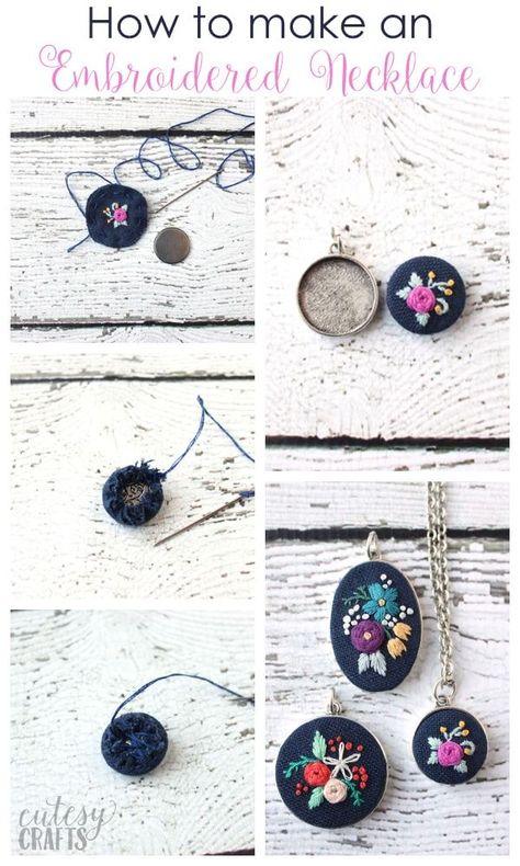 Pendant Frames for Embroidery - How to put embroidery in a necklace. Stitch Jewelry, Miniature Embroidery, Embroidered Necklace, Embroidery Materials, Learn Embroidery, Techniques Couture, Embroidery Jewelry, Hand Embroidery Stitches, A Necklace