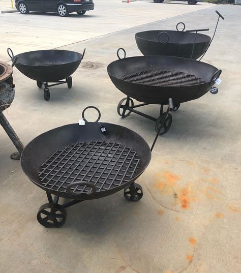 How cool are these fire pits on wheels and with handles, we just got in here @oldworldantieks !!! All different sizes. #europeanantiques… Fire Pit On Wheels, Wheel Fire Pit, Iron Fire Pit, European Antiques, Dream Backyard, Backyard Projects, Firepit, Fire Pits, Outdoor Fire