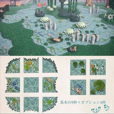 Rice 🍙 on Instagram: “Adorable water lily pond designs! These are adorable for zen or fairy themed towns! How’s everyone doing today? ~ 🍙  Twitter: @/clay_acnh .…” Acnh Fake Bridge Design Code, Animal Crossing Land Bridge Code, Animal Crossing Bridge Path, Acnh Plank Path Designs, Animal Crossing Path Design, Plank Bridge, Log Bridge, Acnh Path, Pond Animals