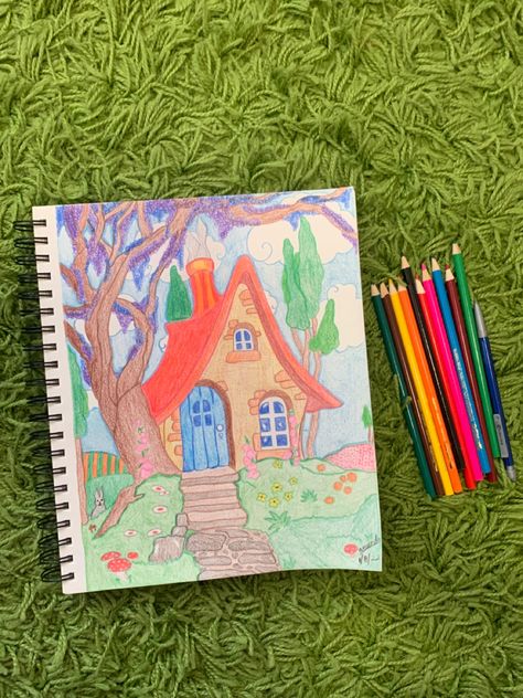 #drawing #cottagecore #housedrawing #art #artist #fyp Cottagecore House Drawing, Home Drawing For Kids, Home Drawing Sketches, Easy Colored Pencil Drawing, Drawing Cottagecore, Halloween Digital Art, Oil Pastel Drawings Easy, Seni Pastel, Scene Drawing