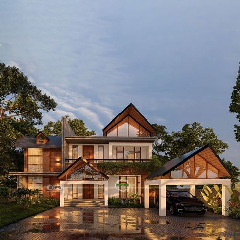 Sloping roof contemporary home Modern Indian Homes Exterior, Tropical Design House Exterior, Slope Roof Elevation Modern, Sloped Roof Elevation, Contemporary Slope Roof House, Slope Roof Elevation Kerala, Sloping Roof Designs, Bali House Exterior, Modern Slope Roof House