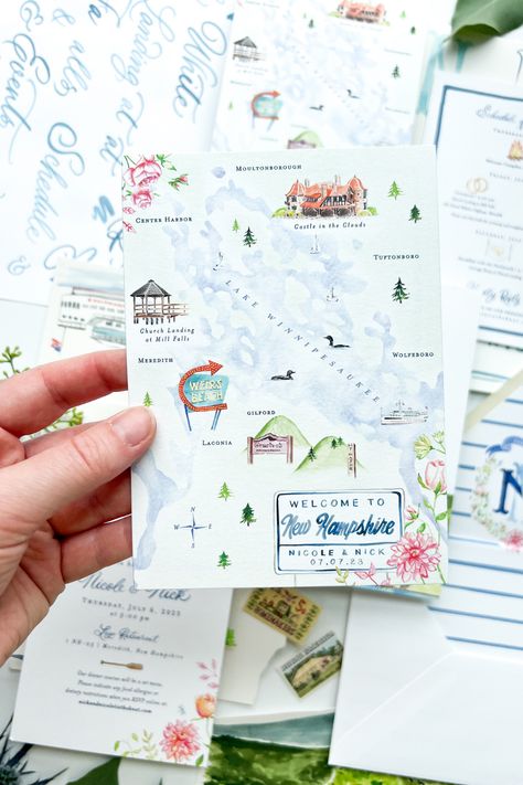 Lakeside wedding, lakeside wedding ceremony, lake wedding, lake house wedding, lake wedding ideas, lake wedding inspiration, mountain wedding, mountain wedding inspiration, lake wedding inspiration, watercolor illustration, destination wedding ideas, destination wedding inspiration, watercolor wedding invitations, custom wedding invitations, custom wedding suite, new england wedding, New hampshire wedding, watercolor map, envelope liner, illustrated crest, custom monogram, wedding logo Lake House Watercolor, Vermont Wedding Invitations, Wedding Ideas Lake, Lake Wedding Invitations, Lake Wedding Ideas, Lakeside Wedding Ceremony, Lake Wedding Inspiration, Wedding Lakeside, Watercolor Wedding Map