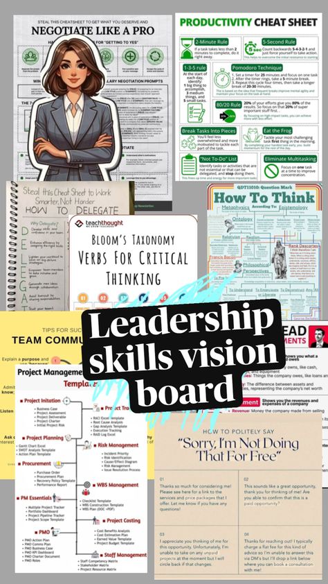 #leadership #masteringskills #diy Skills Vision Board, Good Leadership Skills, Leadership Lessons, Pomodoro Technique, Business Leadership, Leadership Skills, Cheat Sheets, Lesson Plan, Take Action