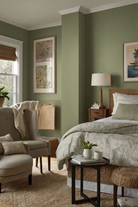 Cozy bedroom Green Sunroom Paint, Sage Wisdom Benjamin Moore, Green Paint Bedroom, Sage Walls, Green Room Colors, Benjamin Moore Green, Bright Room Colors, Interior Styles Guide, Sage Wisdom