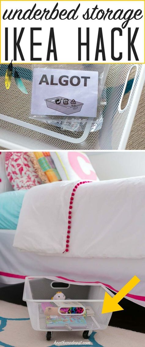 PERFECT SOLUTION! A 5-minute popular Ikea hack using a $5 Algot mesh basket to make DIY rolling underbed storage. This is SUCH A GREAT IDEA!! And NO TOOLS! I love this easy DIY organization idea!! from heatherednest.com Ikea Organisation, Organized Closets, Organizations Ideas, Room Organizers, Ikea Organization Hacks, Organized Bathroom, Ikea Desk Hack, Best Ikea Hacks, Organizing Life