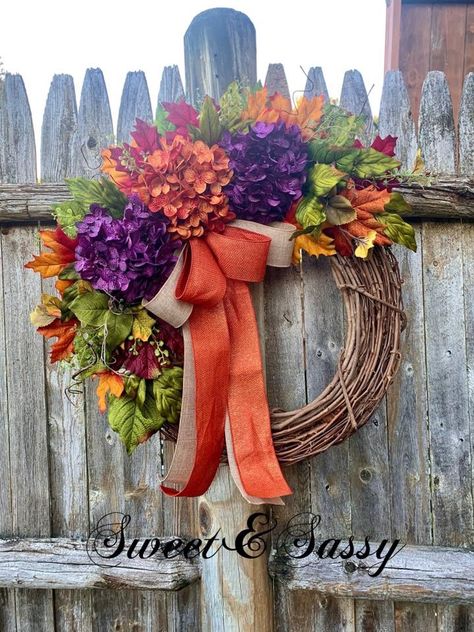 Purple Fall Wreath, Purple Hydrangea Centerpieces, Orange Hydrangeas, Red Hydrangea Wreath, Orange Fall Decor, October Decor, Hydrangea Wreaths, Rustic Wreaths, Fall Hydrangea Wreath